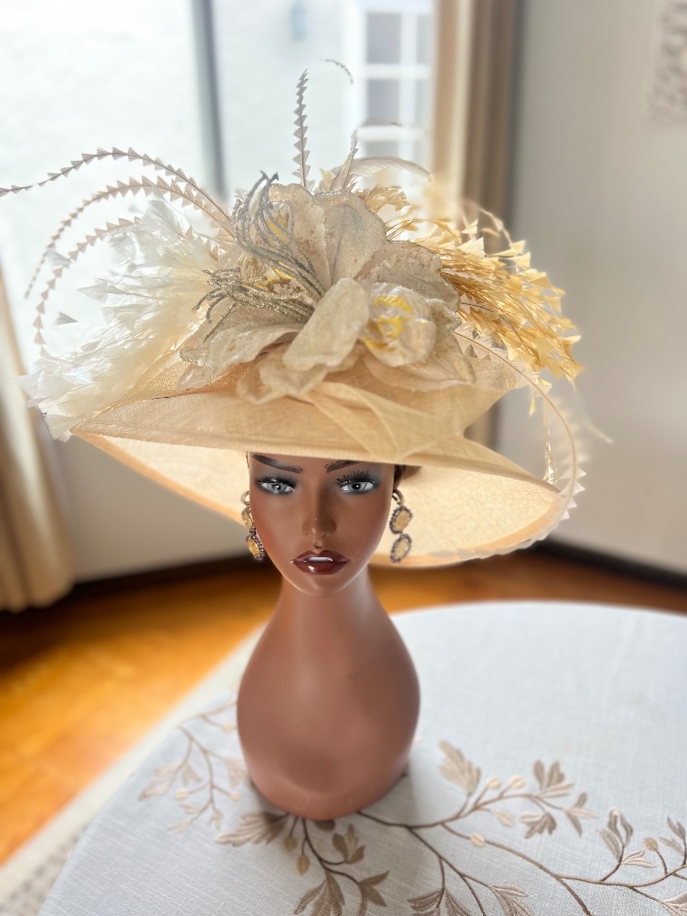 Ivory/Beige Sinamay Derby Hat with ivory coque feathers, glittered, metal ivory
